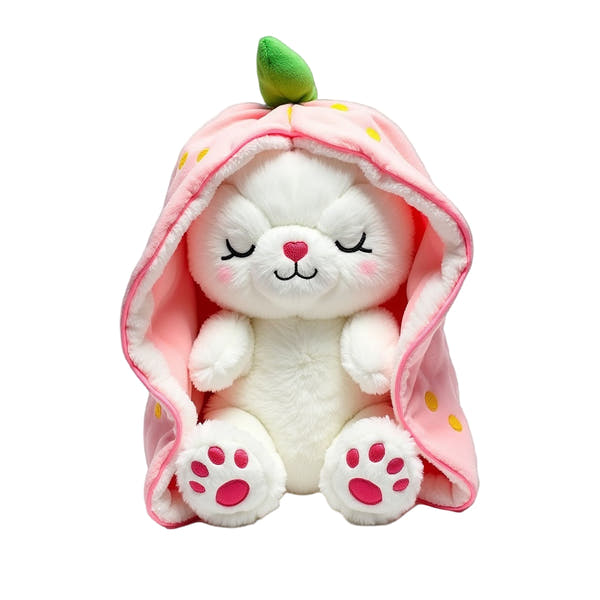 White plush toy with pink hood and green top on a white background