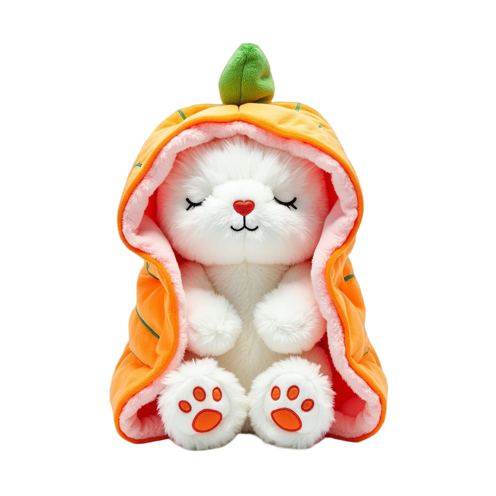 Plush toy resembling a white animal in an orange costume with a green top, on a white background